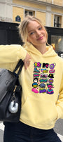 Kadın Oversize Hoodie Sweatshirt 90s Pop Patch Baskılı Sarı – Kapüşonlu, Kanguru Cepli, 3 İplik