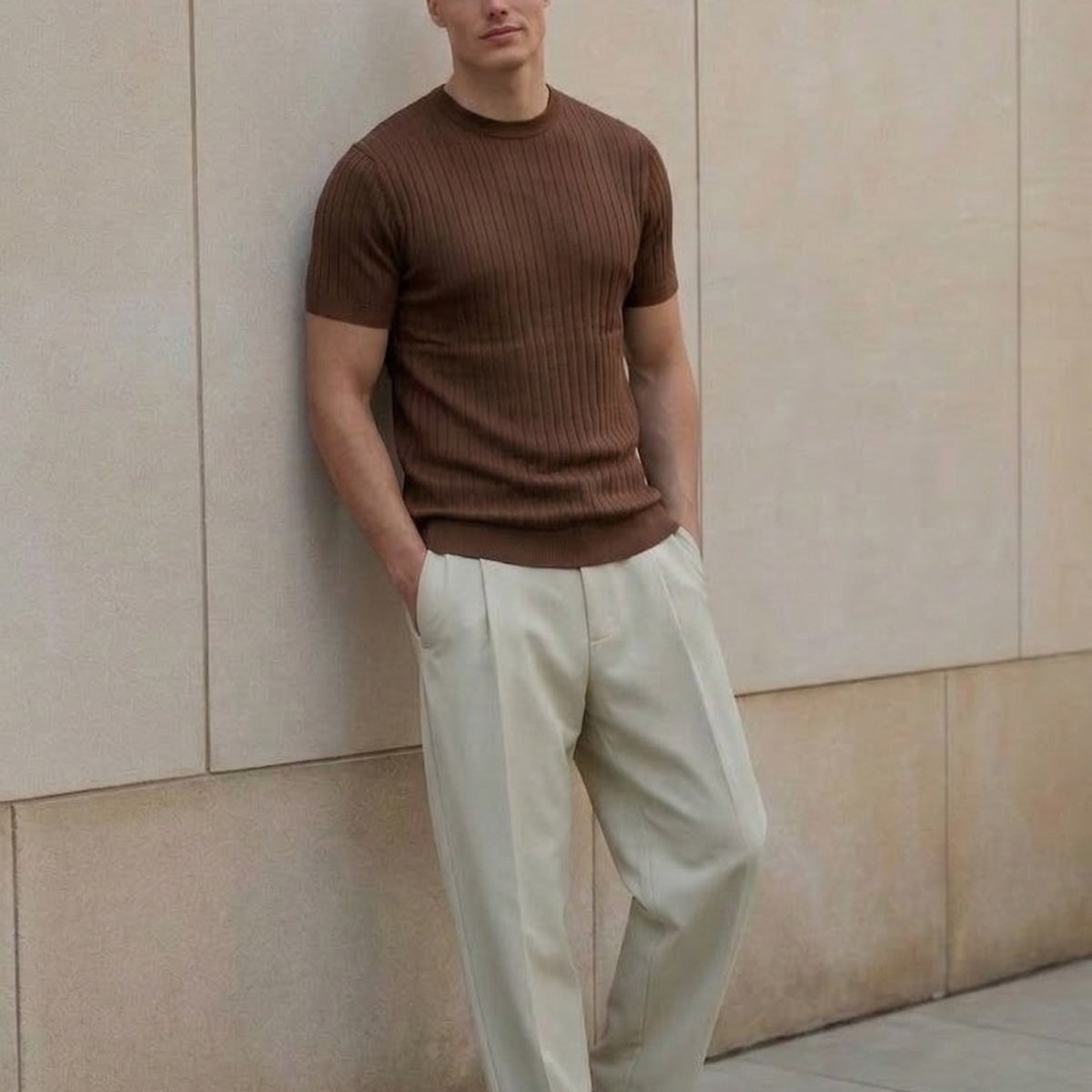 Erkek Dokulu Fitilli Triko Tişört Kahverengi - Bisiklet Yaka, Fit, Yazlık, Örme