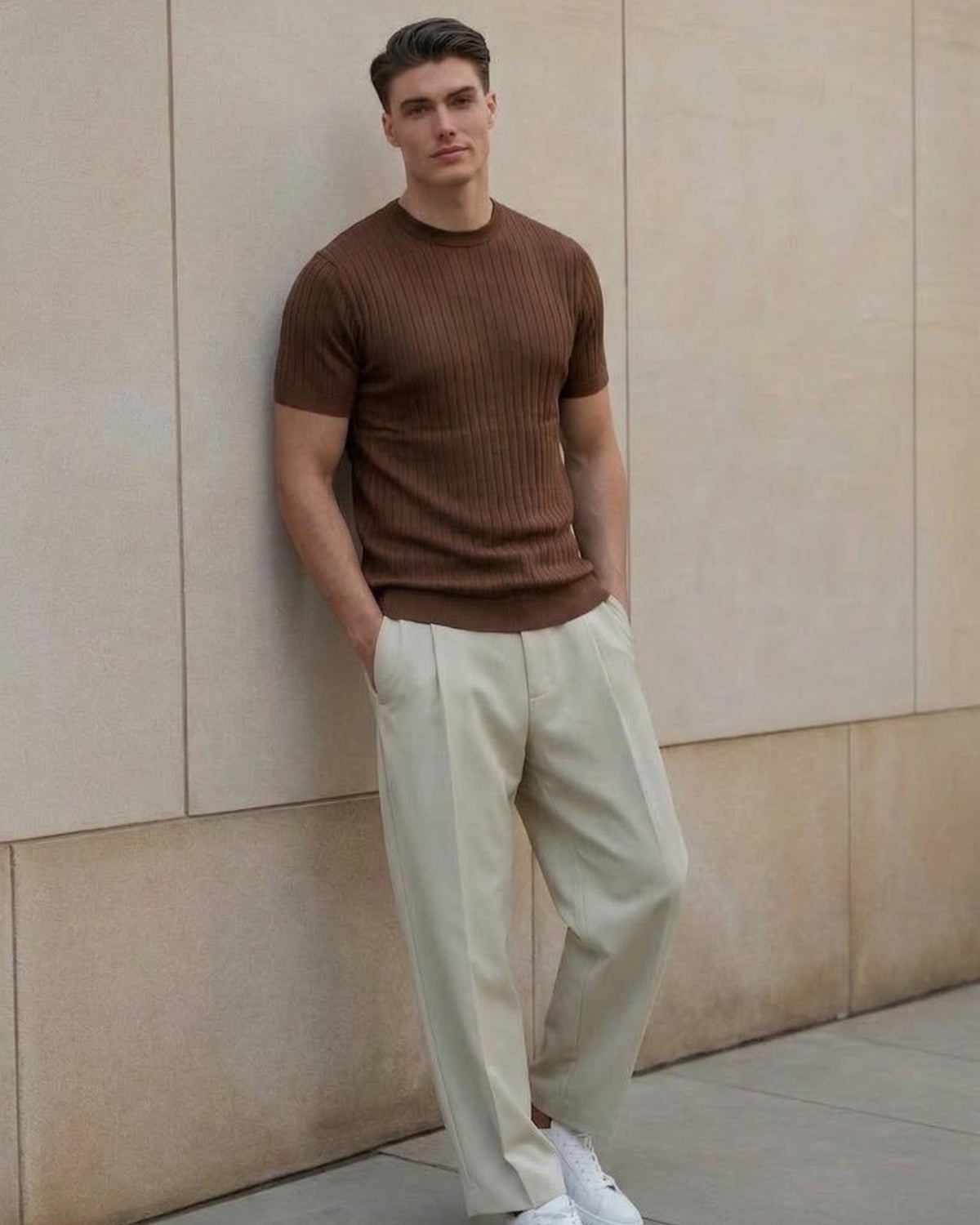 Erkek Dokulu Fitilli Triko Tişört Kahverengi - Bisiklet Yaka, Fit, Yazlık, Örme