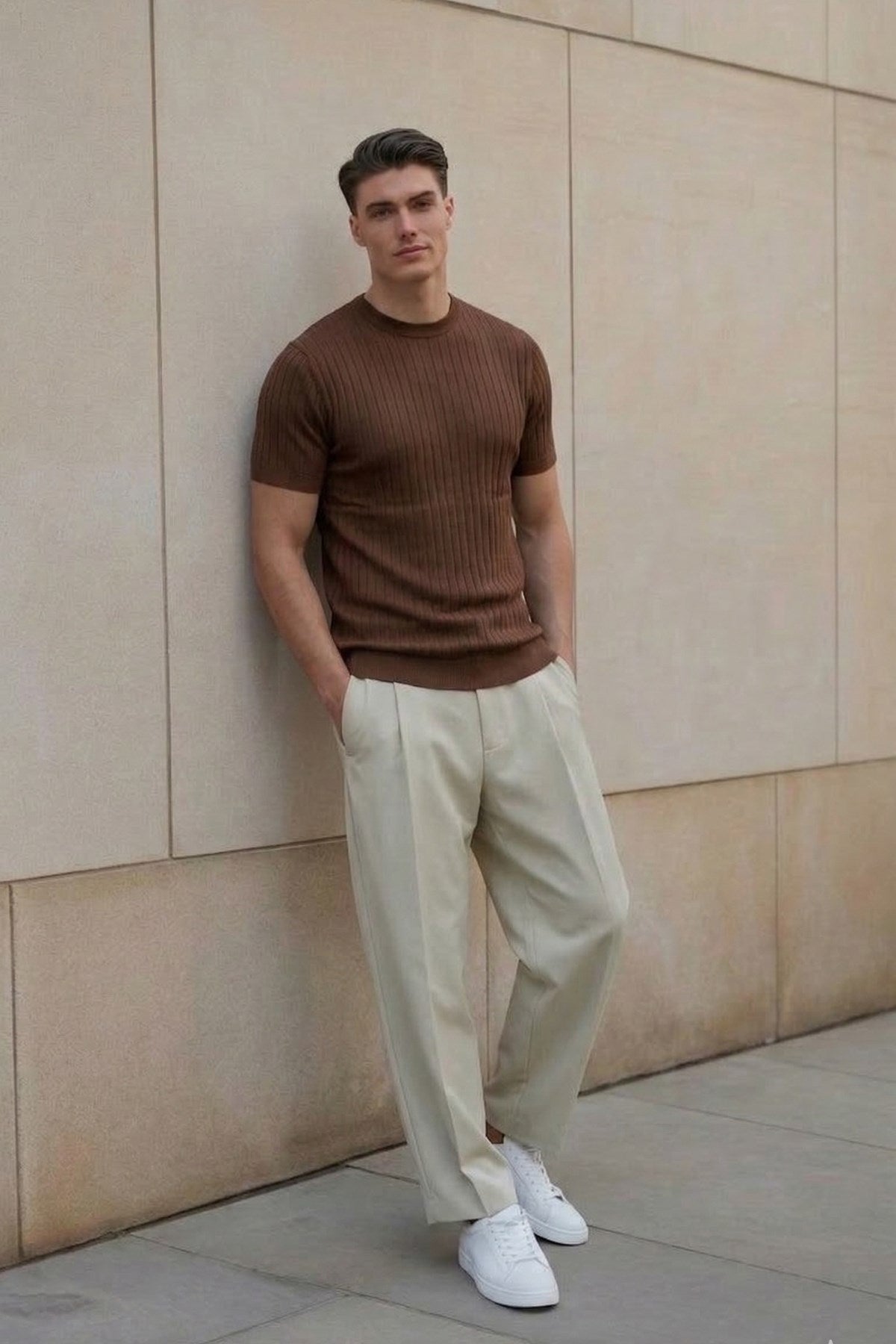 Erkek Dokulu Fitilli Triko Tişört Kahverengi - Bisiklet Yaka, Fit, Yazlık, Örme