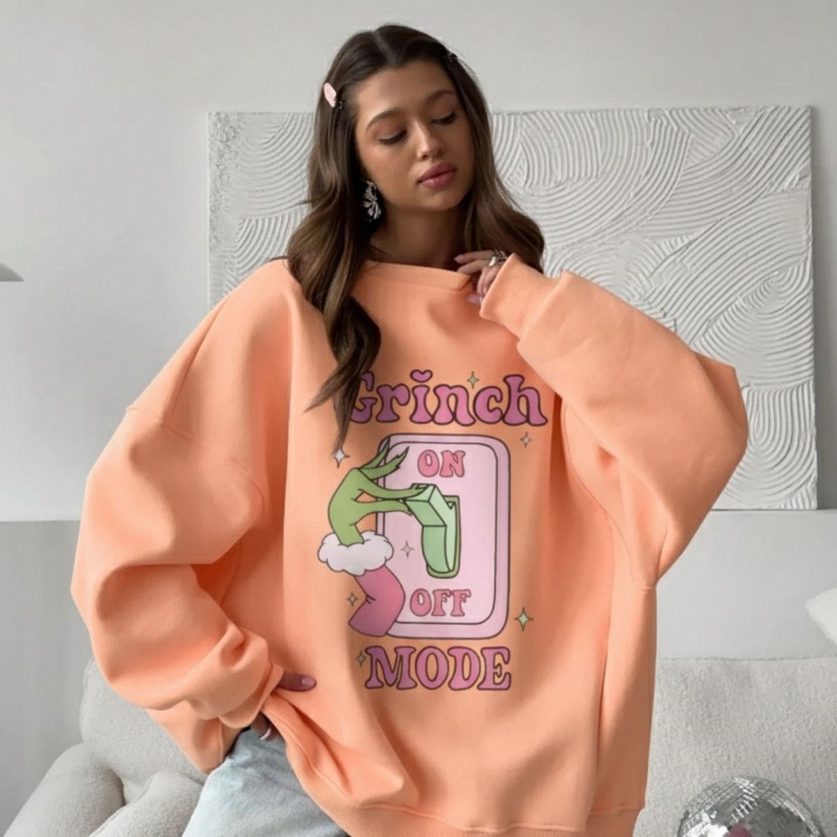 Kadın Oversize Sweatshirt Elbise Grinch Mode Baskılı Turuncu – Bisiklet Yaka, 3 İplik Şardonlu Polar