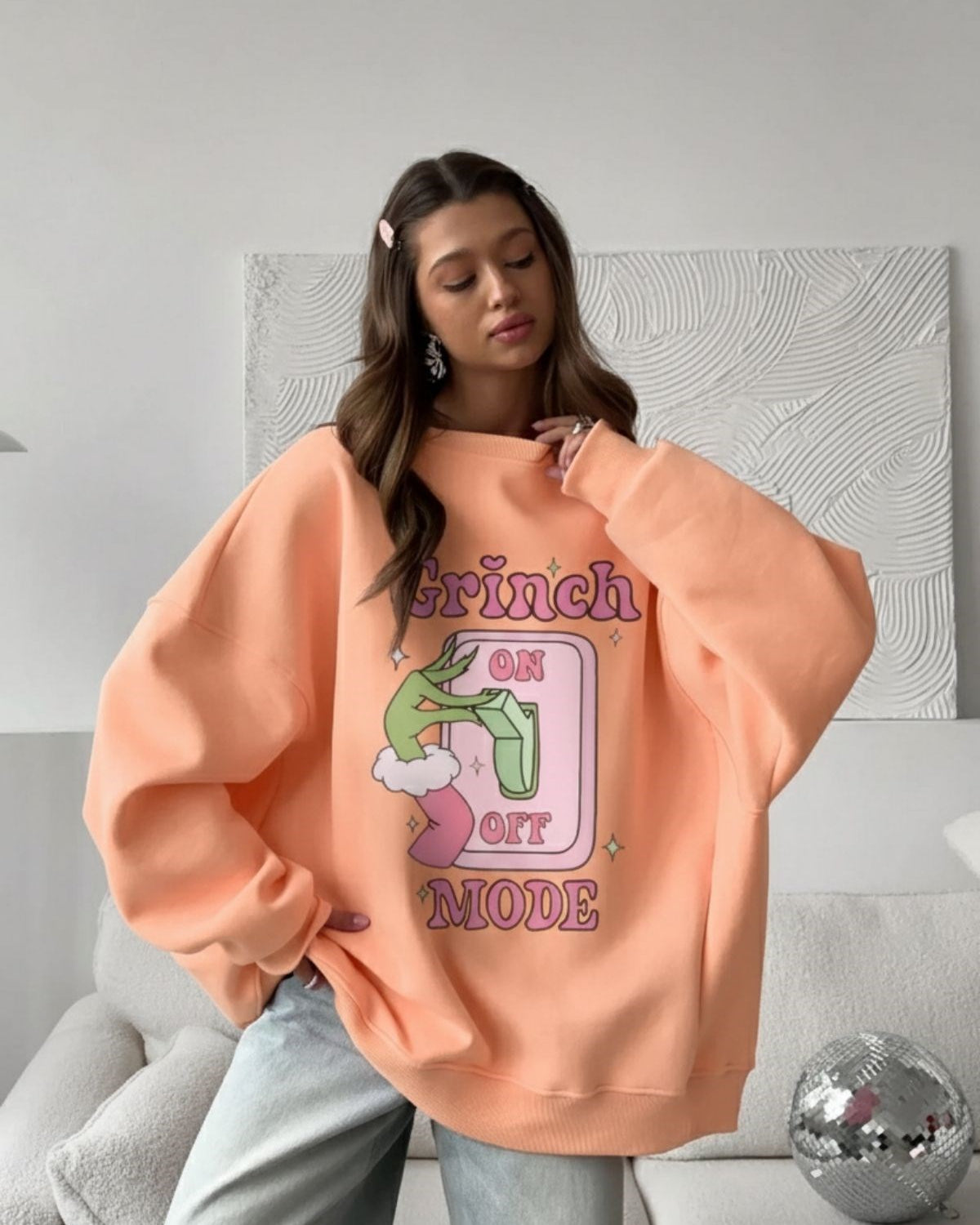 Kadın Oversize Sweatshirt Elbise Grinch Mode Baskılı Turuncu – Bisiklet Yaka, 3 İplik Şardonlu Polar