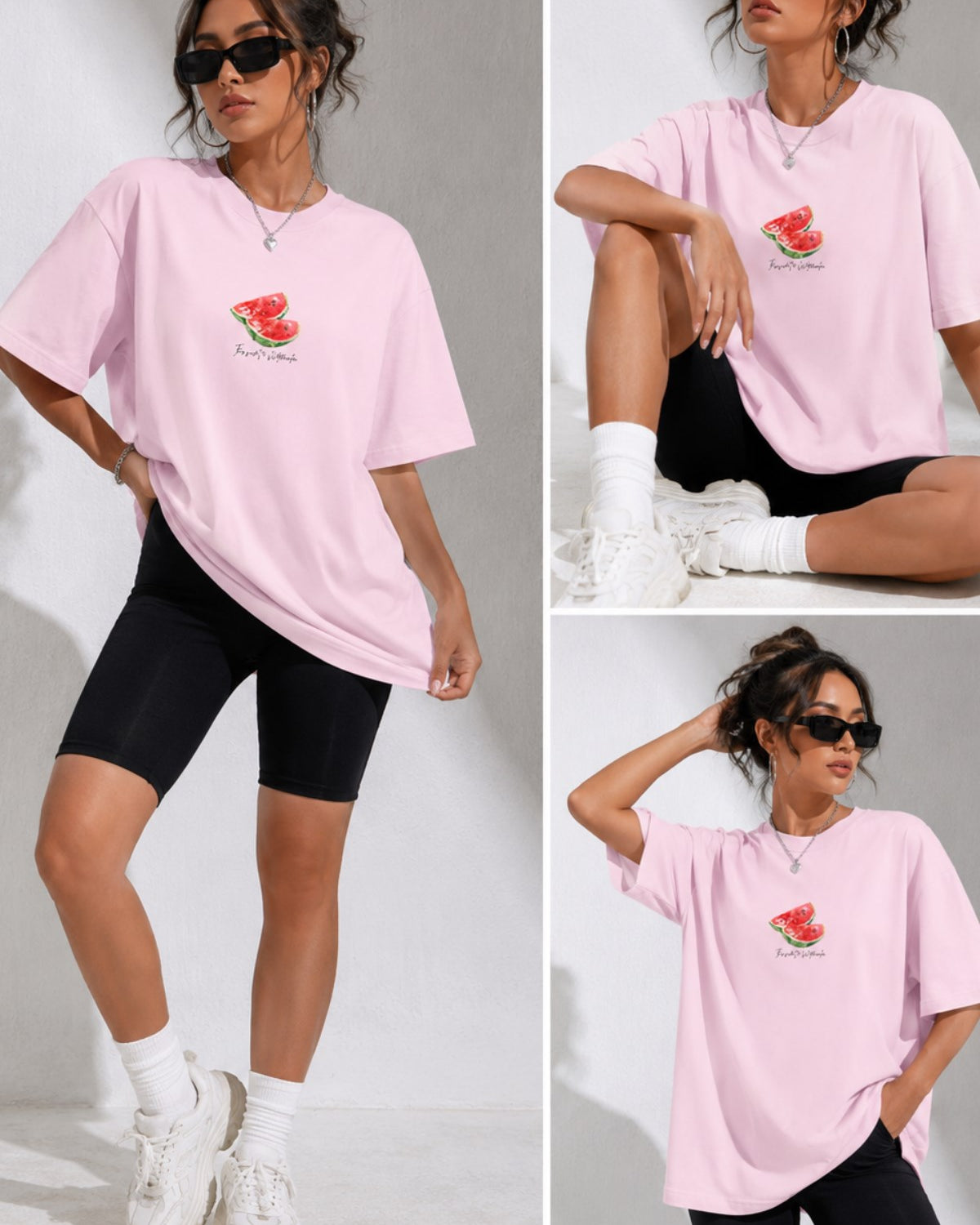Kadın Oversize Tişört Watermelon Mood Baskılı Pembe – Bisiklet Yaka, Rahat Kalıp, %100 Pamuk