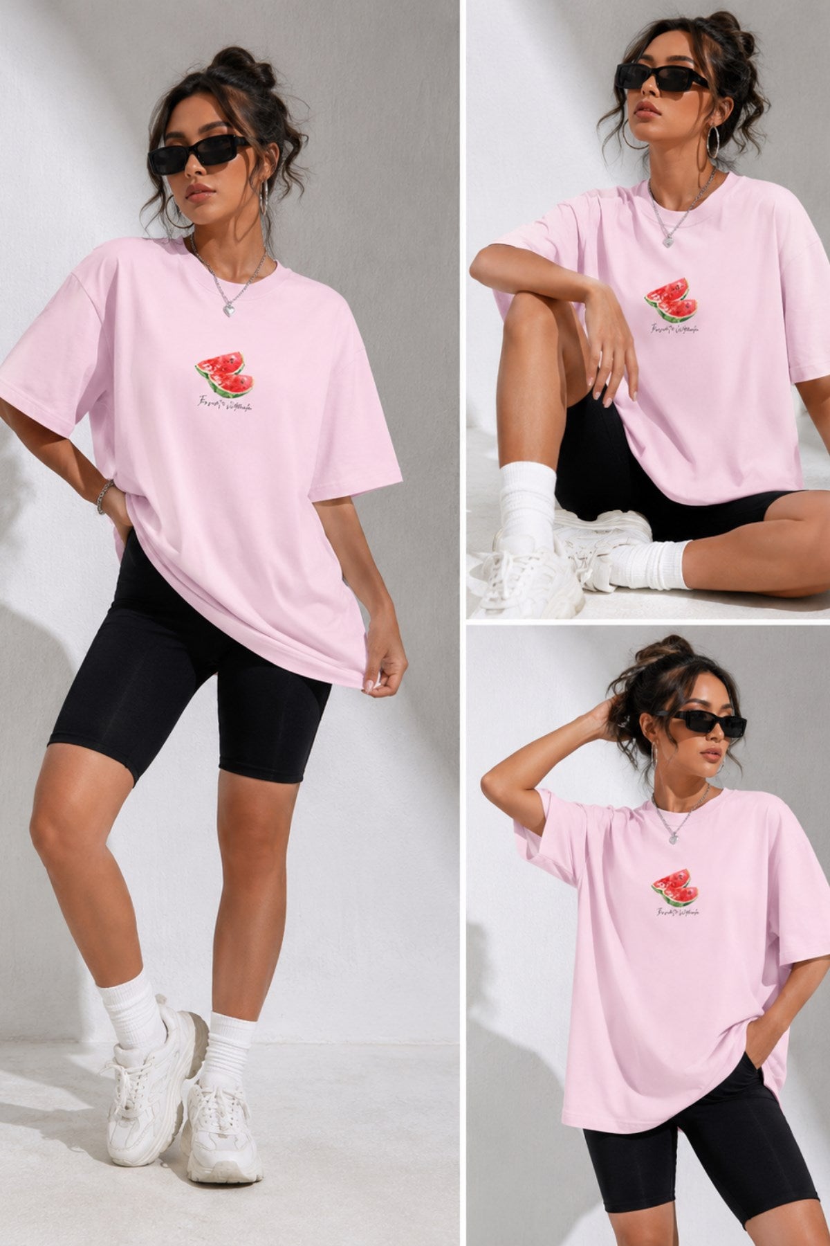 Kadın Oversize Tişört Watermelon Mood Baskılı Pembe – Bisiklet Yaka, Rahat Kalıp, %100 Pamuk