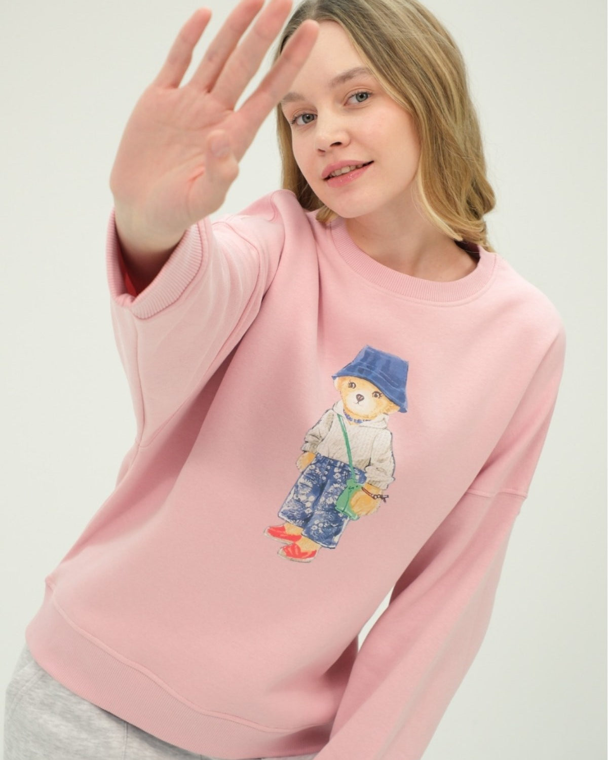 Kadın Teddy Ayıcık Baskılı Pembe 3 İplik Şardonlu Sweatshirt  Bisiklet Yaka, İçi Pamuklu