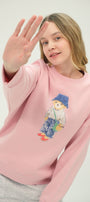 Kadın Teddy Ayıcık Baskılı Pembe 3 İplik Şardonlu Sweatshirt  Bisiklet Yaka, İçi Pamuklu