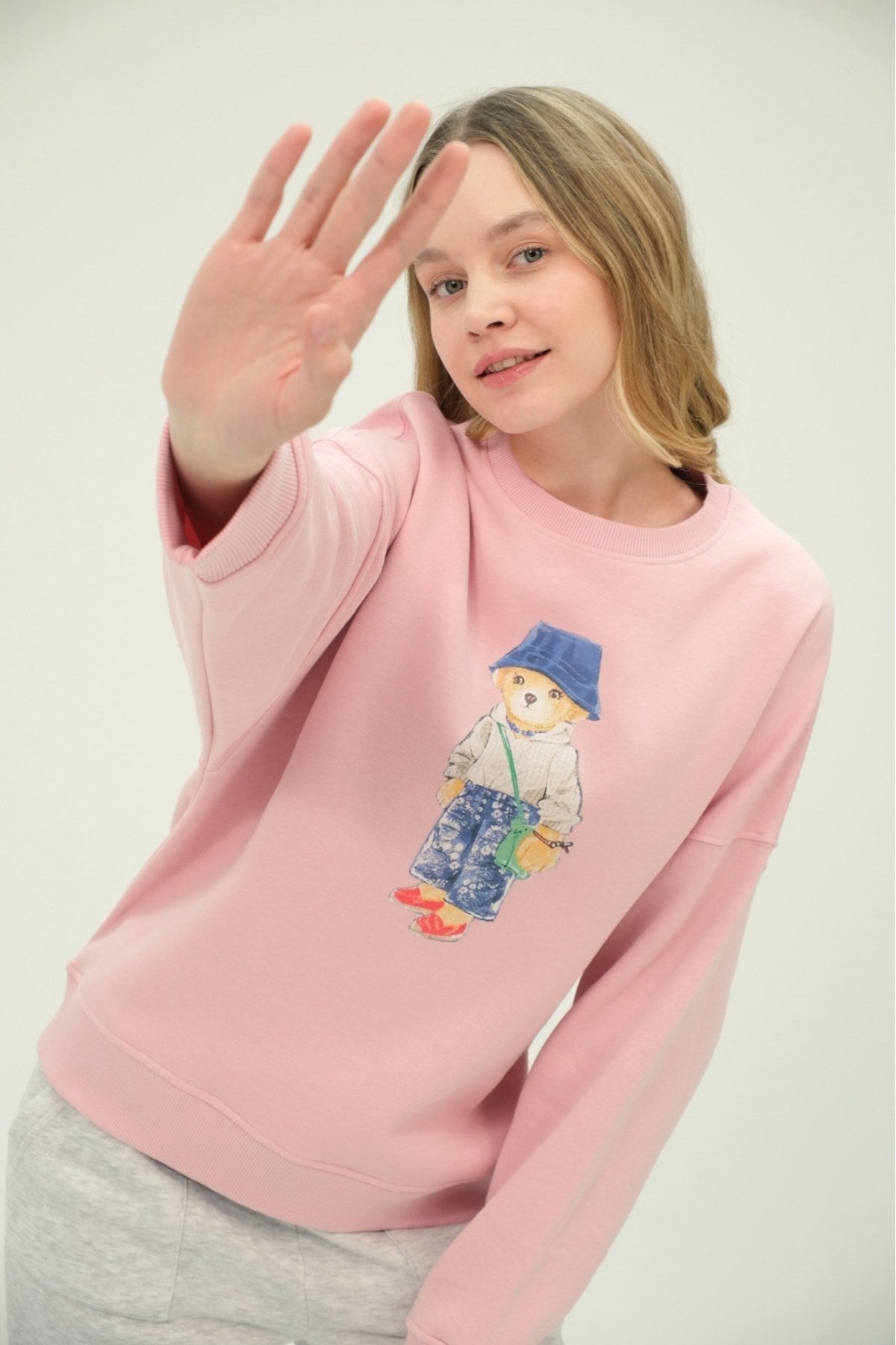 Kadın Teddy Ayıcık Baskılı Pembe 3 İplik Şardonlu Sweatshirt  Bisiklet Yaka, İçi Pamuklu