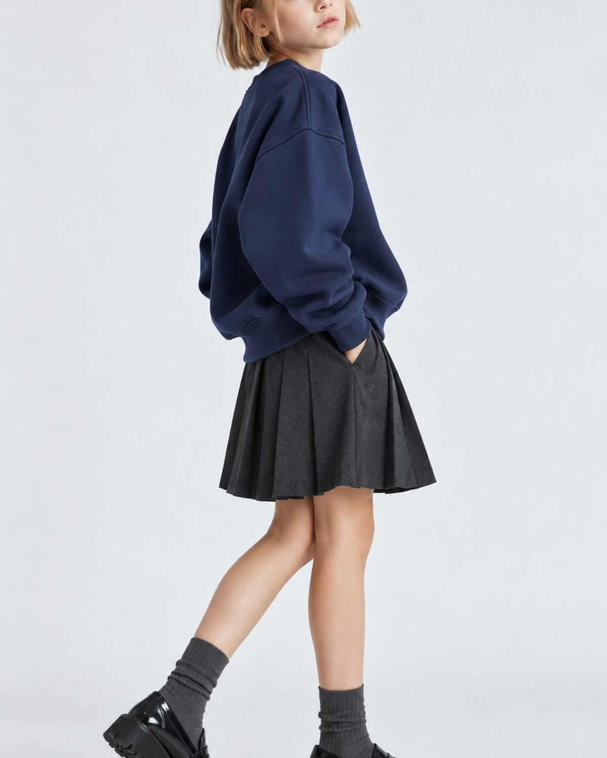 Kız Çocuk Oversize Sweatshirt Basic Lacivert – Bisiklet yaka, 3 iplik şardonlu polar