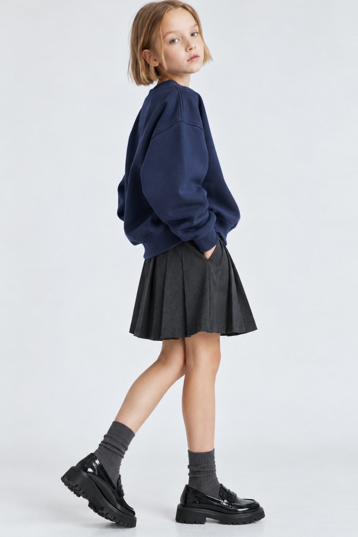 Kız Çocuk Oversize Sweatshirt Basic Lacivert – Bisiklet yaka, 3 iplik şardonlu polar