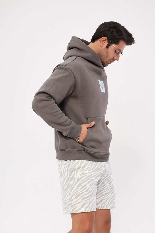 Kapüşonlu İçi Polar Syzygy Yazı Baskılı Füme Oversize Hoodie Sweatshirt