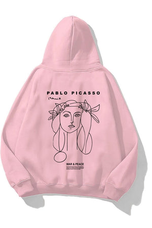 Kapüşonlu İçi Polar War & Peace Baskılı Pembe Unisex Hoodie Sweatshirt