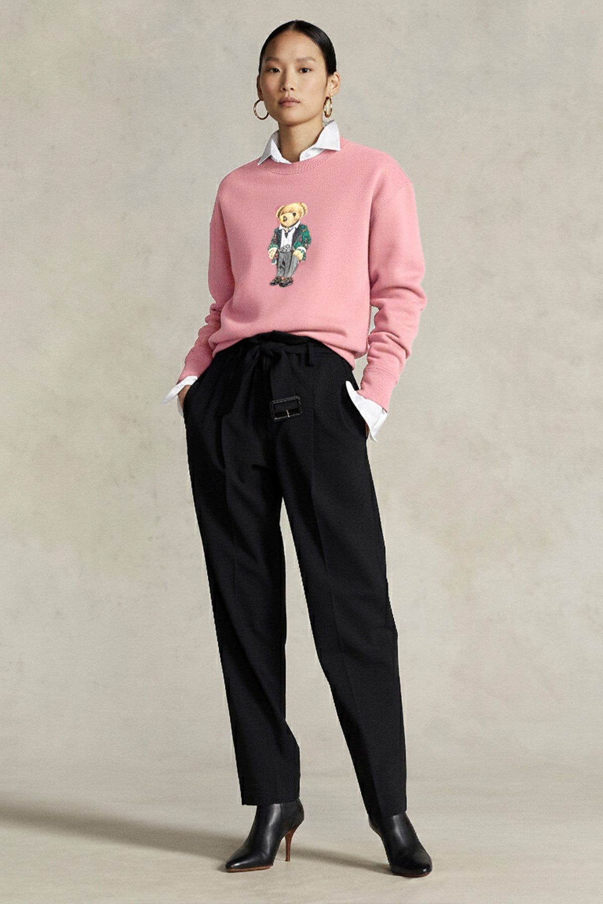 Kadın Oversize Sweatshirt Parisian Bear Baskılı Pembe – Bisiklet Yaka, 3 İplik Şardonlu 