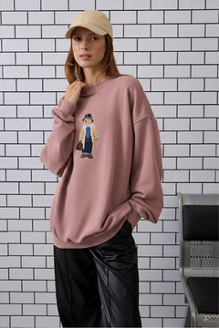 Kadın Oversize Sweatshirt Traveler Bear Baskılı Pembe – Bisiklet Yaka, 3 İplik Şardonlu Polar