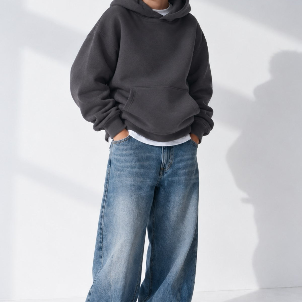 Erkek Çocuk Oversize Basic Hoodie Sweatshirt Füme – Kapüşonlu, Kanguru Cepli, 3 İplik Polar