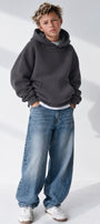 Erkek Çocuk Oversize Basic Hoodie Sweatshirt Füme – Kapüşonlu, Kanguru Cepli, 3 İplik Polar