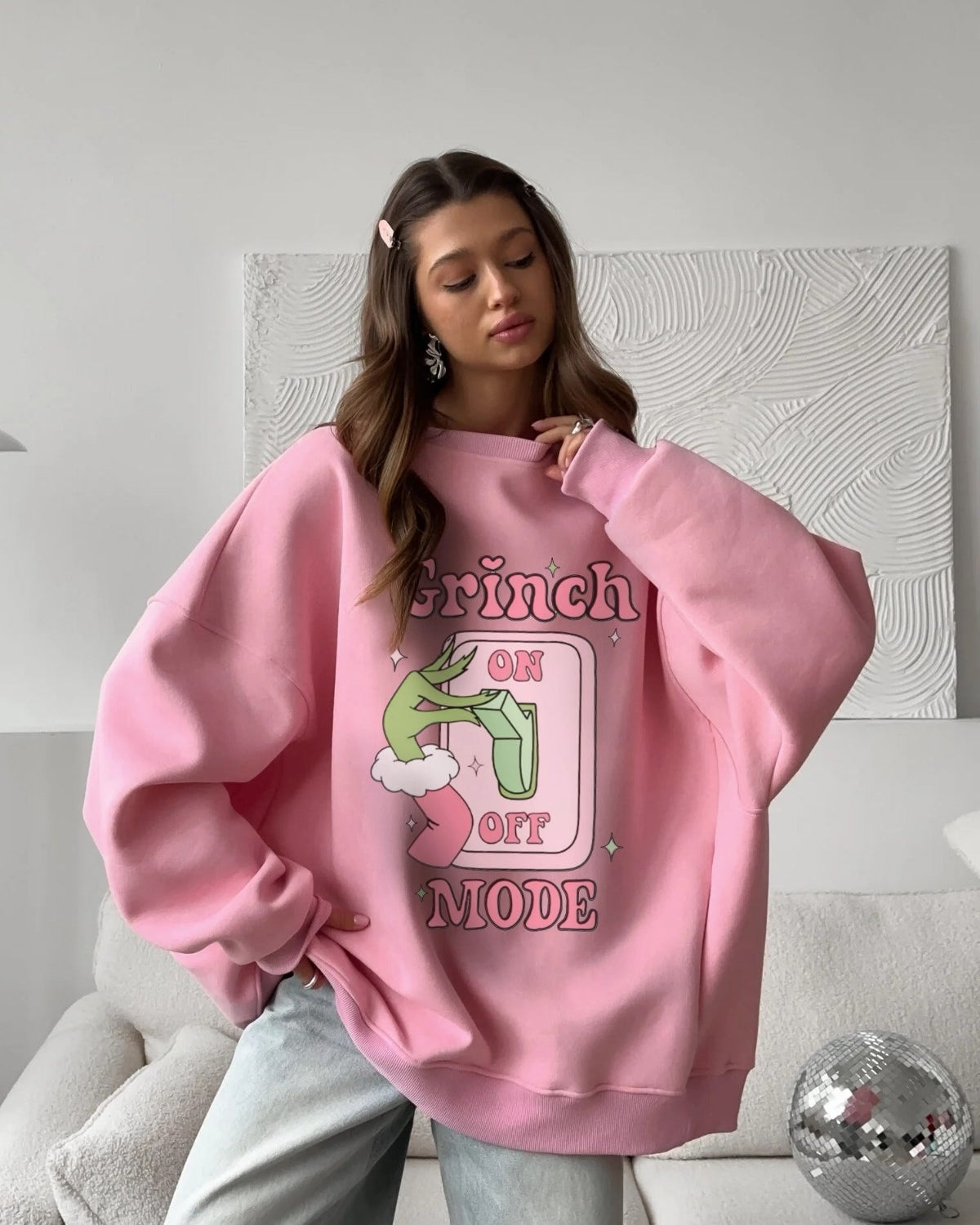 Kadın Oversize Sweatshirt Elbise Grinch Mode Baskılı Pembe – Bisiklet Yaka, 3 İplik Şardonlu Polar