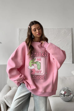 Kadın Oversize Sweatshirt Elbise Grinch Mode Baskılı Pembe – Bisiklet Yaka, 3 İplik Şardonlu Polar