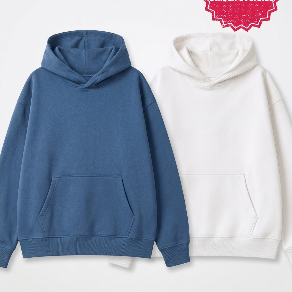 Unisex 2’li Oversize Basic Hoodie Beyaz & Marine– Kapüşonlu, Cepli, 3 İplik Şardonlu Polar