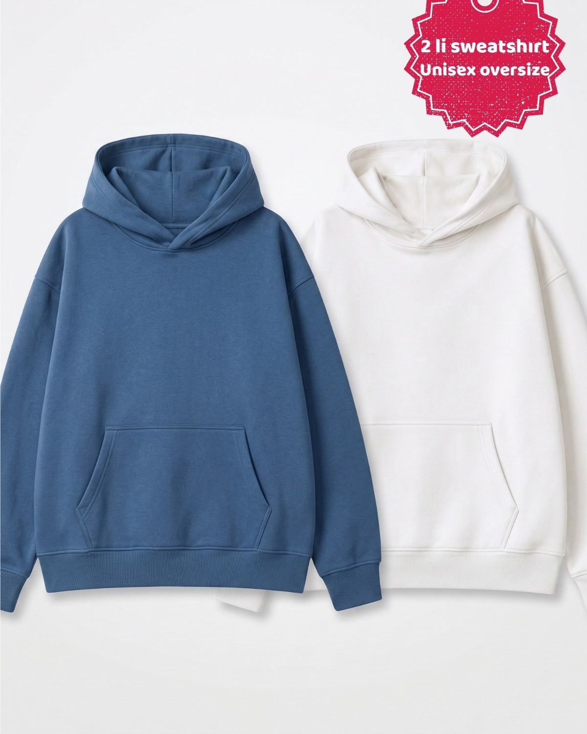 Unisex 2’li Oversize Basic Hoodie Beyaz & Marine– Kapüşonlu, Cepli, 3 İplik Şardonlu Polar
