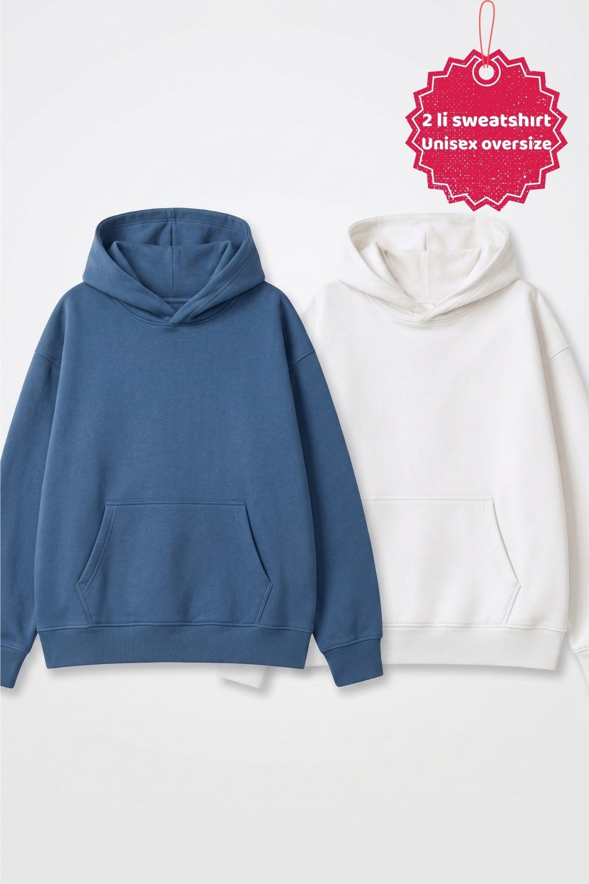 Unisex 2’li Oversize Basic Hoodie Beyaz & Marine– Kapüşonlu, Cepli, 3 İplik Şardonlu Polar