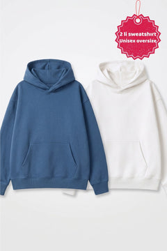 Unisex 2’li Oversize Basic Hoodie Beyaz & Marine– Kapüşonlu, Cepli, 3 İplik Şardonlu Polar
