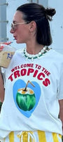 Kadın Beyaz Tişört – Tropikal Hindistan Cevizi Baskılı Welcome to The Tropics Yazlık Oversize