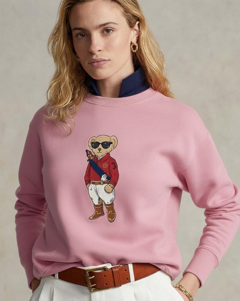 Kadın Oversize Sweatshirt Regatta Bear Baskılı Pembe – Bisiklet Yaka, 3 İplik Şardonlu
