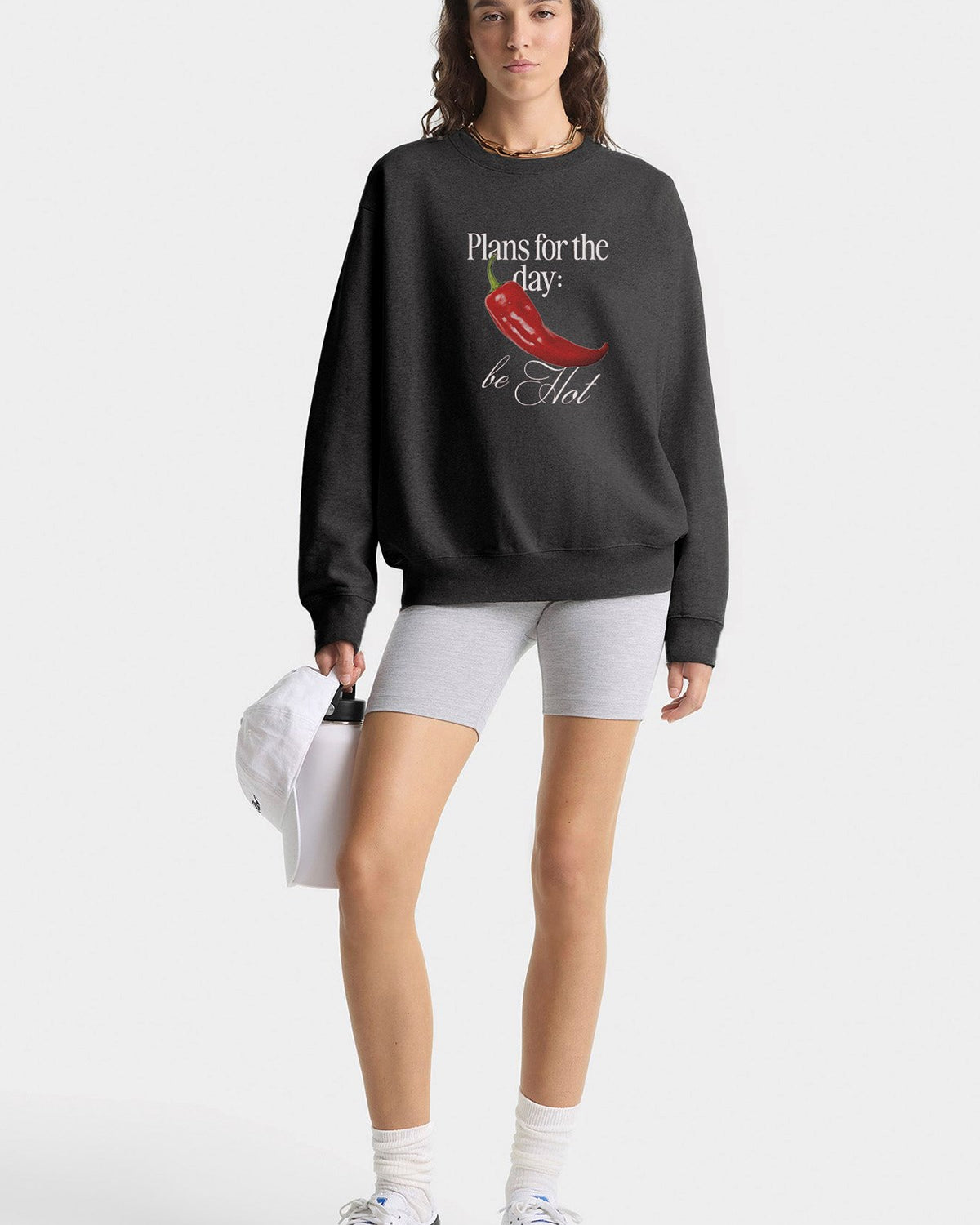Kadın Oversize Sweatshirt Be Hot Baskılı Füme Melanj – Bisiklet Yaka, 3 İplik Şardonlu Polar