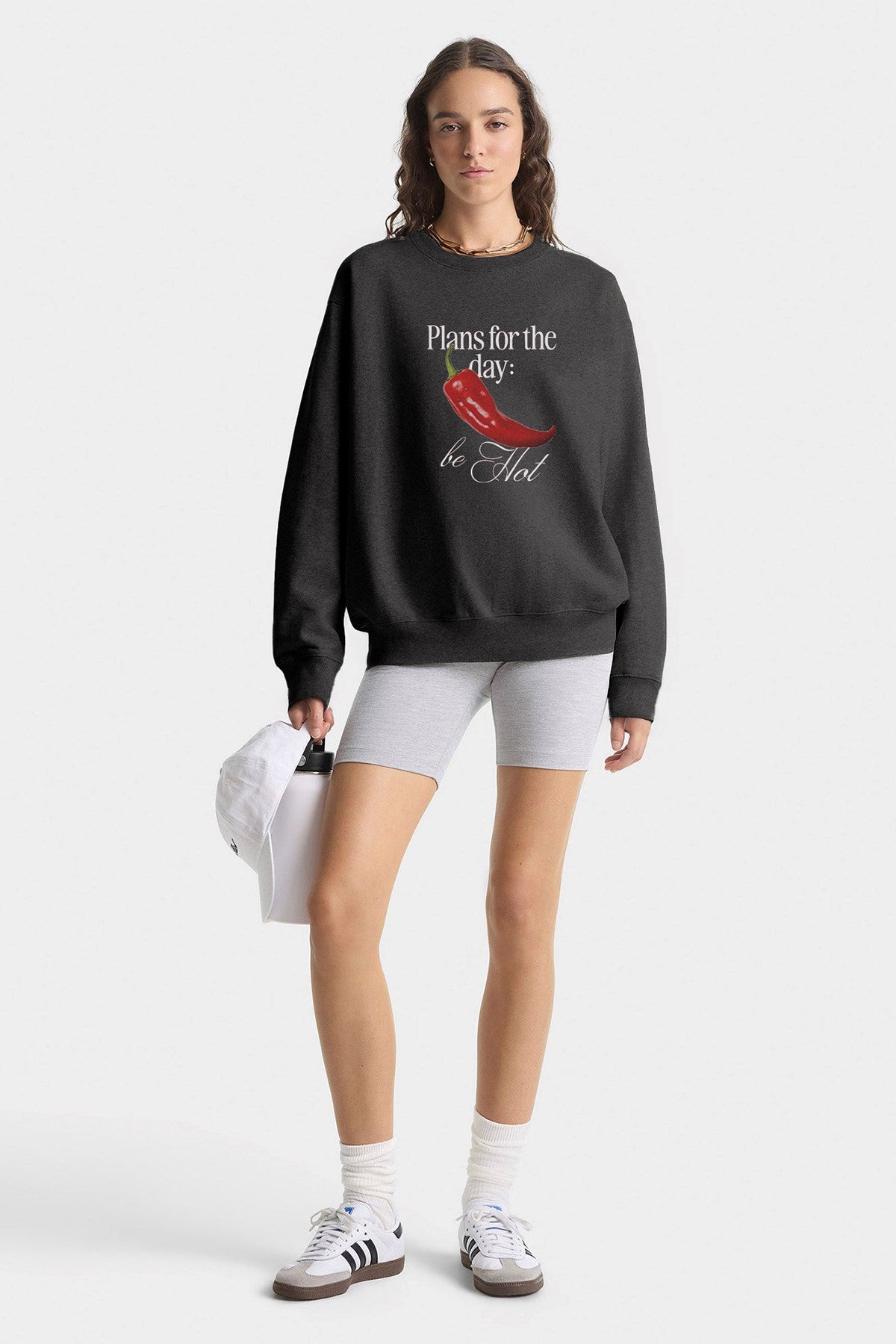 Kadın Oversize Sweatshirt Be Hot Baskılı Füme Melanj – Bisiklet Yaka, 3 İplik Şardonlu Polar