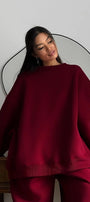 Kadın Oversize Sweat Elbise Eşofman Takımı Basic Bordo – Bisiklet Yaka, Lastikli Paça, 3 İplik Polar