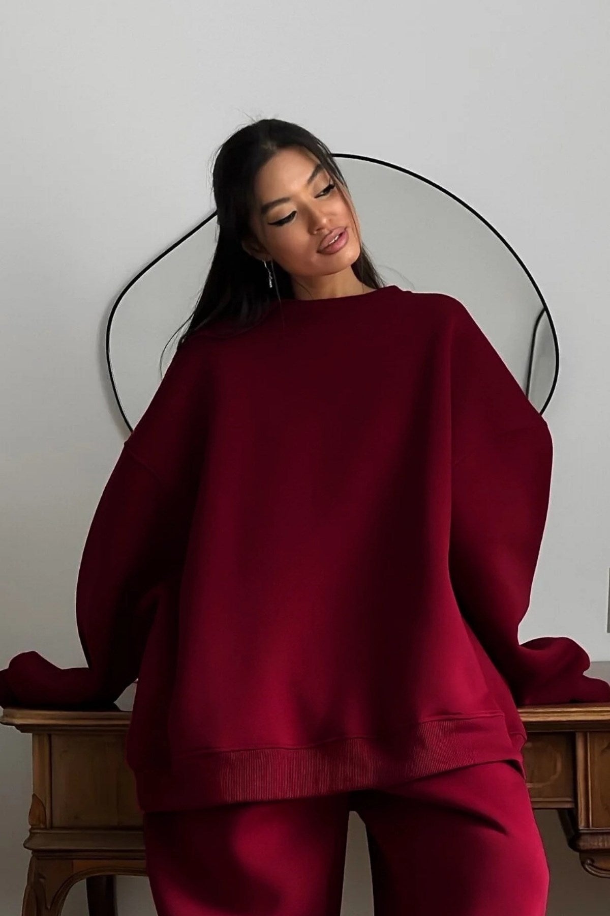 Kadın Oversize Sweat Elbise Eşofman Takımı Basic Bordo – Bisiklet Yaka, Lastikli Paça, 3 İplik Polar