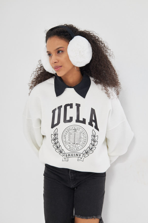 Ucla Yazı Baskılı Bisiklet Yaka İçi Polar Oversize Kesim Unisex Beyaz Sweatshirt