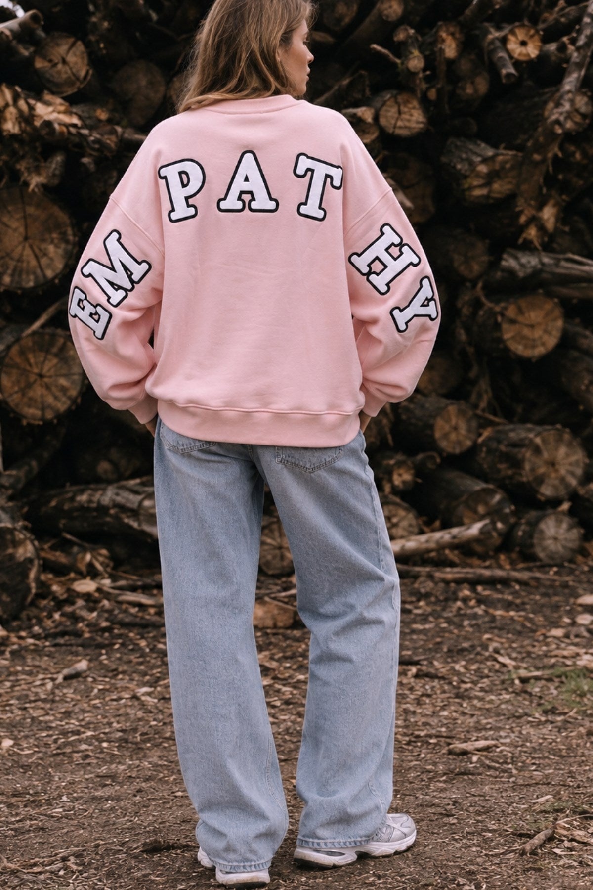 Kadın Oversize Sweatshirt Empathy 3D Baskılı Pembe – Bisiklet Yaka, 3 İplik Şardonlu Polar