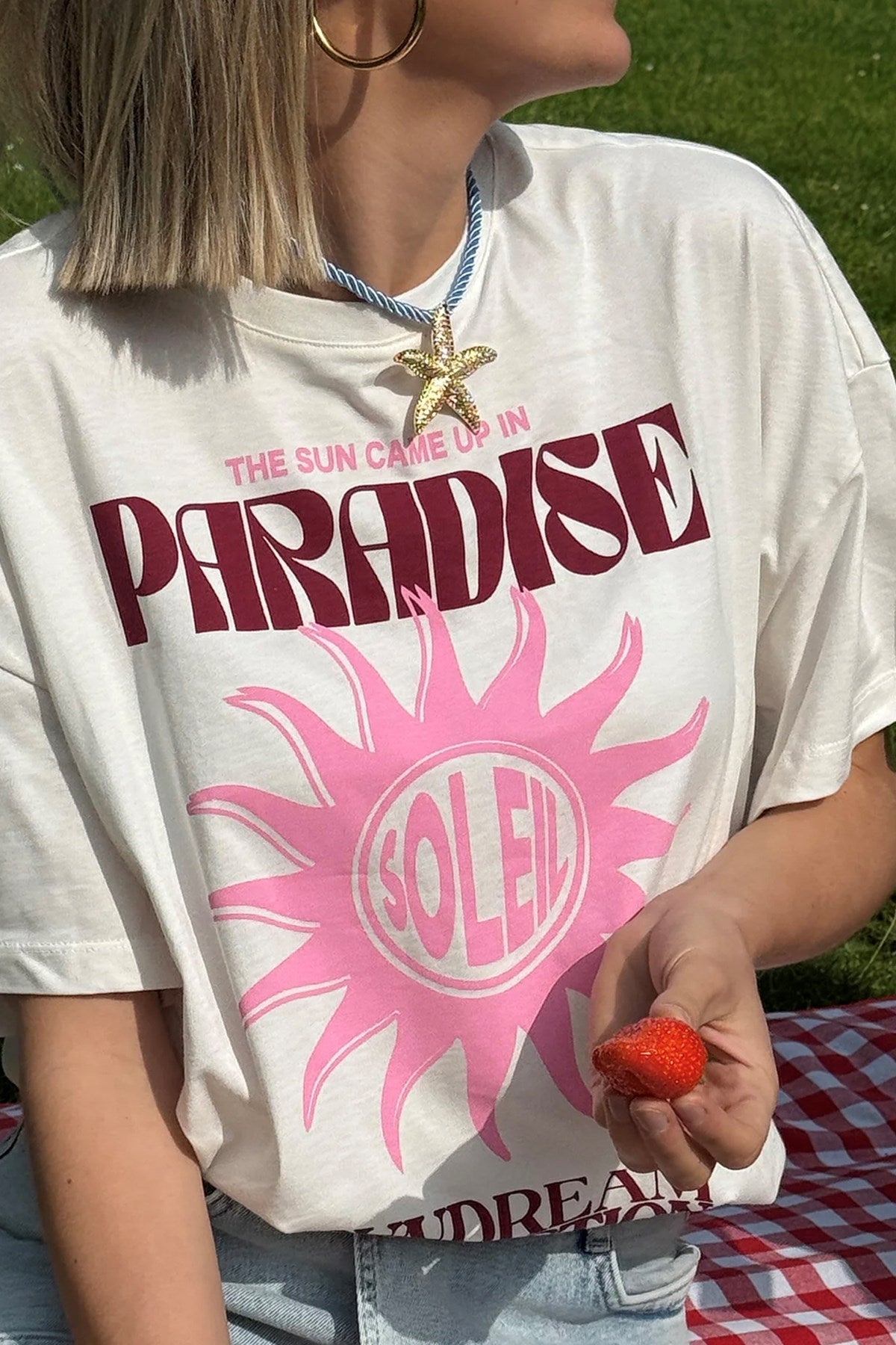 Kadın Oversize Tişört Paradise Sundream Baskılı Beyaz – Bisiklet Yaka, %100 Pamuk Compact Süprem 24/1