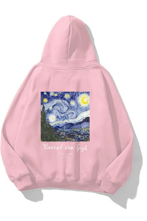 Kapüşonlu İçi Polar Vincent Van Gogh Baskılı Pembe Unisex Hoodie Sweatshirt