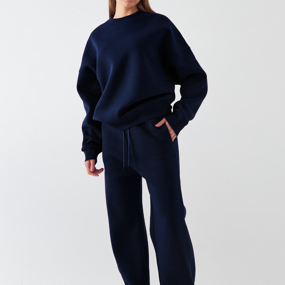 Unisex Oversize Eşofman Takımı Basic Lacivert – Bisiklet Yaka, Boru Paça, 3 İplik Şardonlu Polar