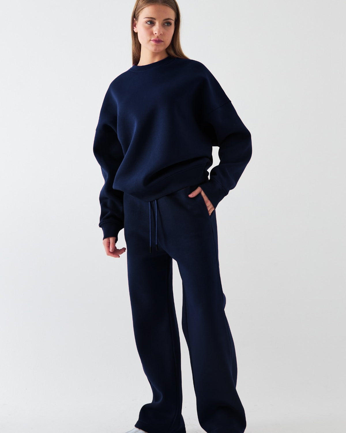 Unisex Oversize Eşofman Takımı Basic Lacivert – Bisiklet Yaka, Boru Paça, 3 İplik Şardonlu Polar