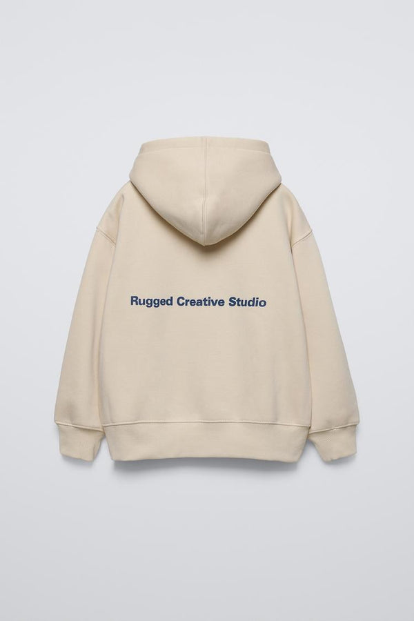 Bej Çocuk Rugged Creative Stüdyo Baskılı Oversize Kapüşonlu Kanguru Cepli Sweatshirt