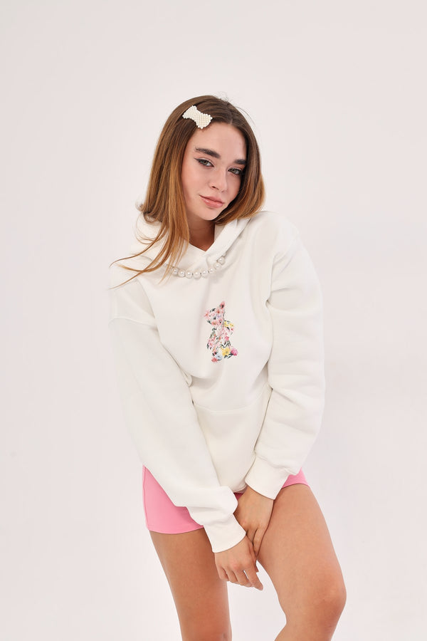 Kapüşonlu İçi Polar Teddy Bear Çiçekli  Baskılı Beyaz Unisex Hoodie Sweatshirt