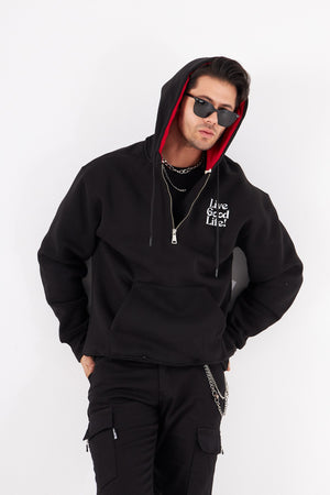 Arka Baskı Detaylı Live Good Life Yazılı Kapüşonlu Bağcıklı Fermuar Kapamalı Oversize Sweatshirt