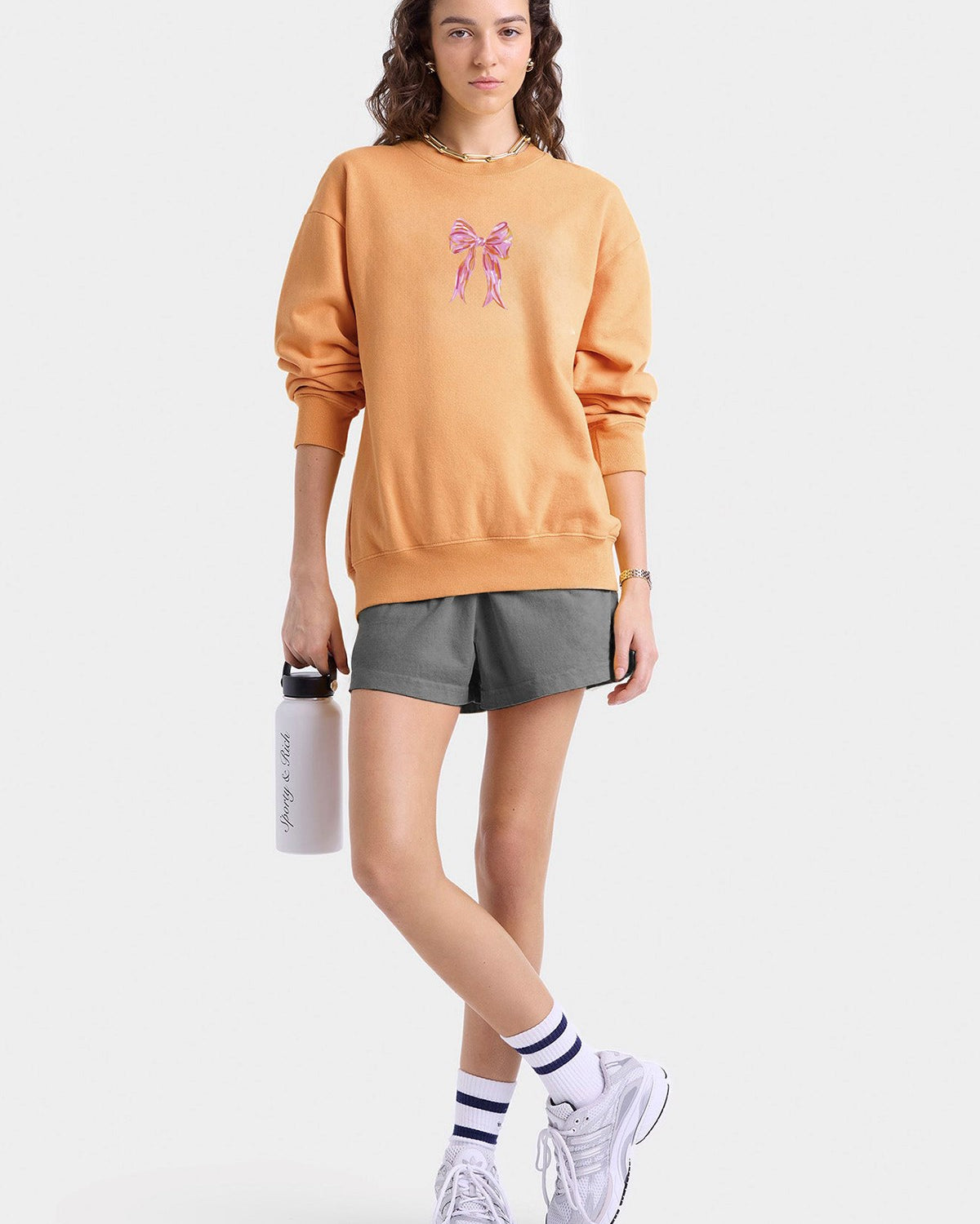 Kadın Oversize Sweatshirt Pembe  Kurdele Baskılı Turuncu – Bisiklet Yaka, 3 İplik Şardonlu Polar