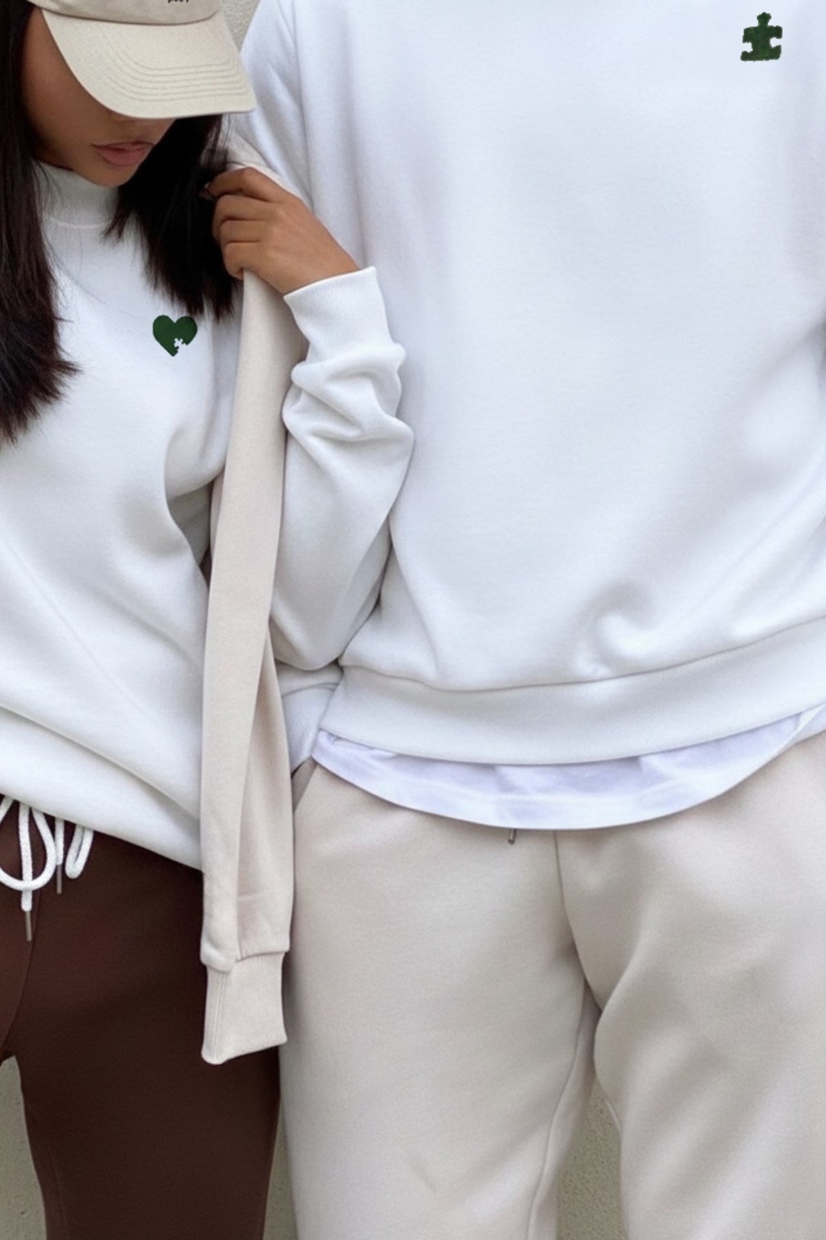 Unisex Oversize Sweatshirt Puzzle Heart Baskılı Beyaz – Bisiklet Yaka, Sevgilergünü, Couple, Hediye