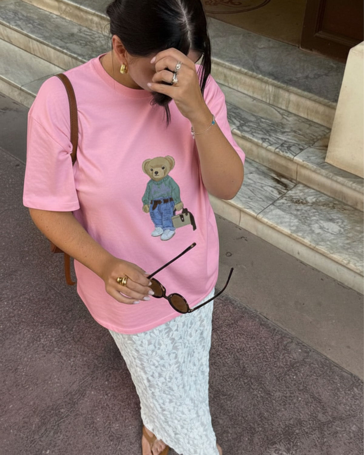 Kadın Oversize Tişört COZY Bear Baskılı Pembe – %100 Pamuk Compact Süprem 24/1