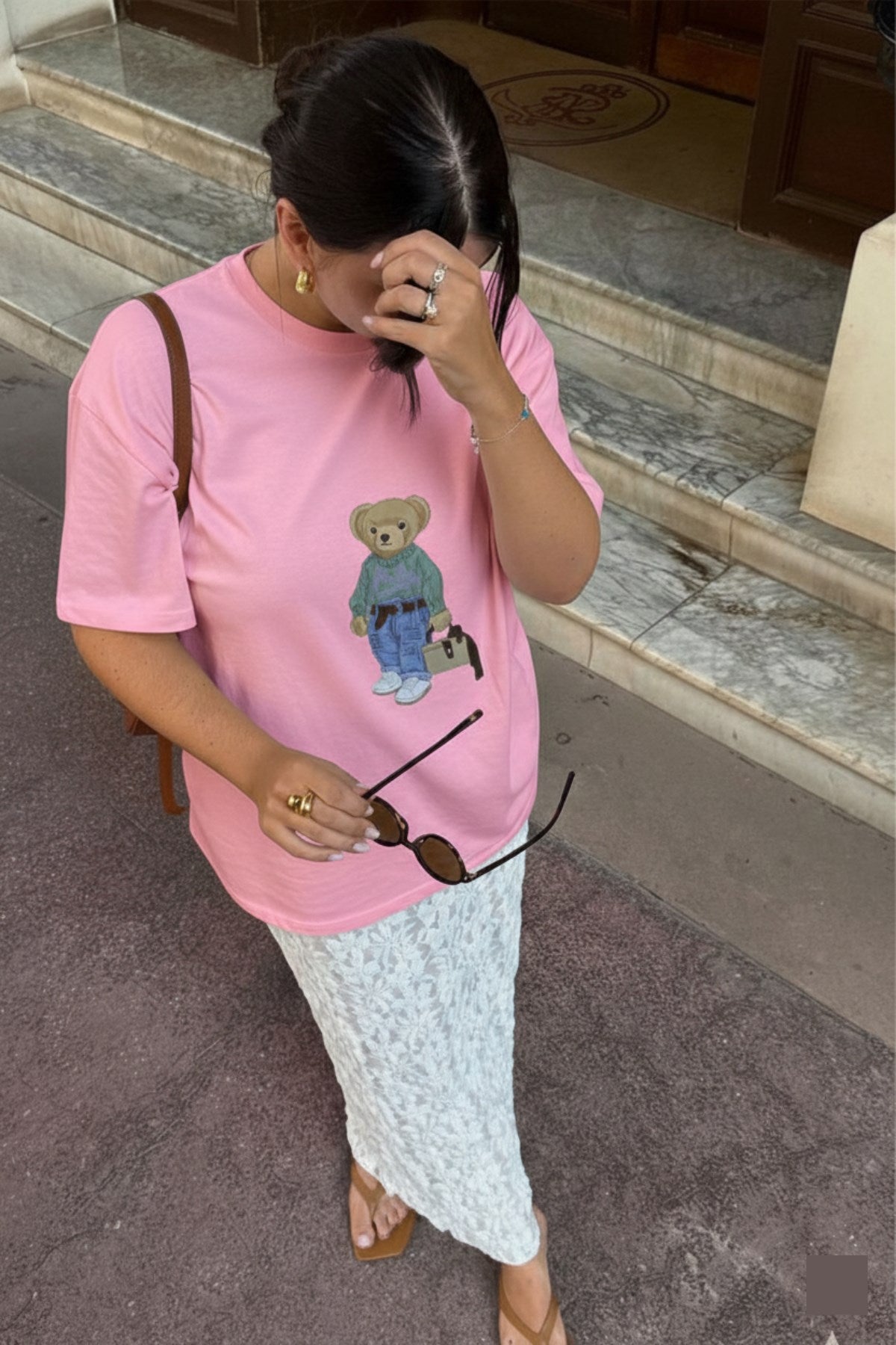 Kadın Oversize Tişört COZY Bear Baskılı Pembe – %100 Pamuk Compact Süprem 24/1