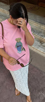 Kadın Oversize Tişört COZY Bear Baskılı Pembe – %100 Pamuk Compact Süprem 24/1
