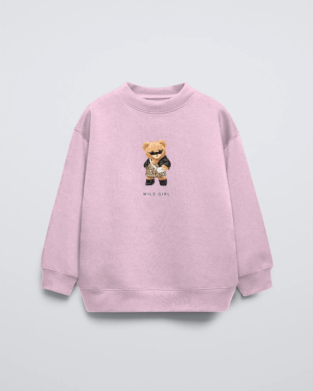 Pembe Bisiklet Yaka Leopar Teddy Baskılı Oversize Çocuk Sweatshirt