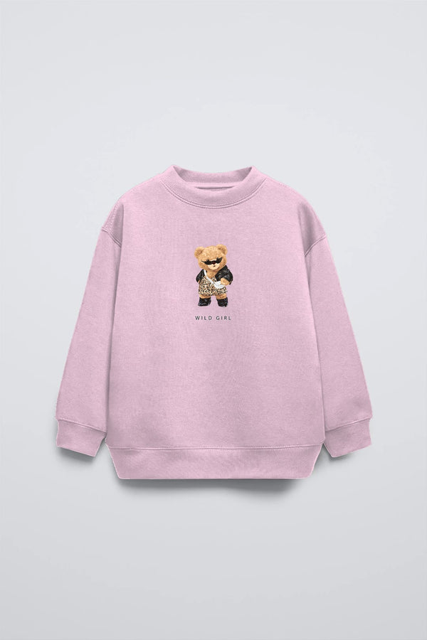 Pembe Bisiklet Yaka Leopar Teddy Baskılı Oversize Çocuk Sweatshirt