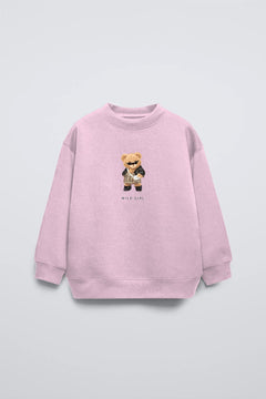 Pembe Bisiklet Yaka Leopar Teddy Baskılı Oversize Çocuk Sweatshirt