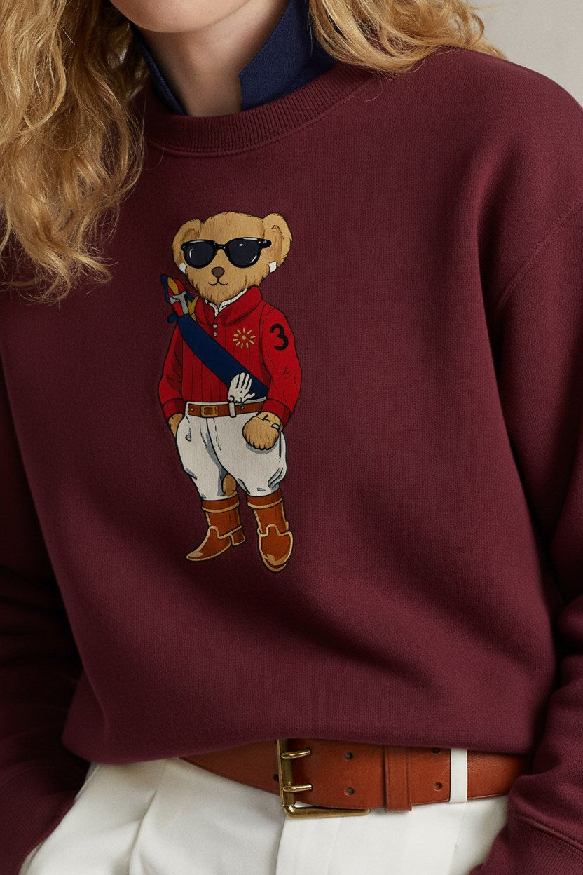 Kadın Oversize Sweatshirt Regatta Bear Baskılı Bordo – Bisiklet Yaka, 3 İplik Şardonlu