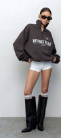 Kadın Füme Beverly Hills CHAMP Baskılı Fermuarlı Yarım Balıkçı Yaka Oversize Sweatshirt – Spor ve Günlük Şık Üst